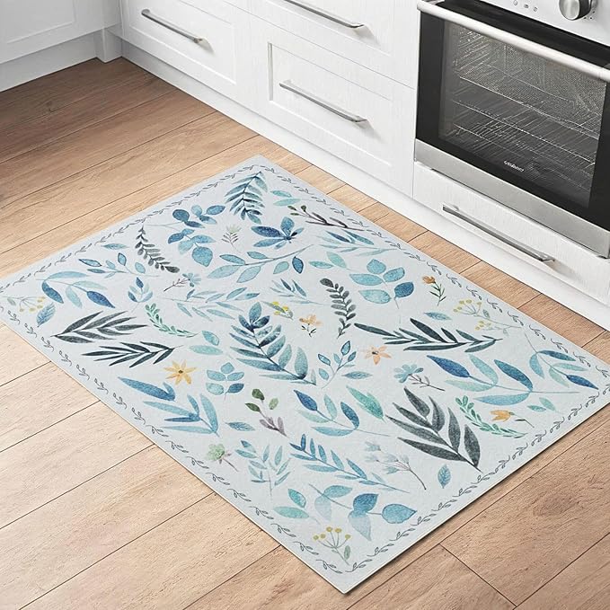 Syalife 2x3 Area Rugs, Non Slip Washable Small Rugs for Entryway, Kitchen, Bathroom, Kids Room, Low Pile Entry Throw Rug Indoor Front Door Mat (Blue Leafy, 2'x3')