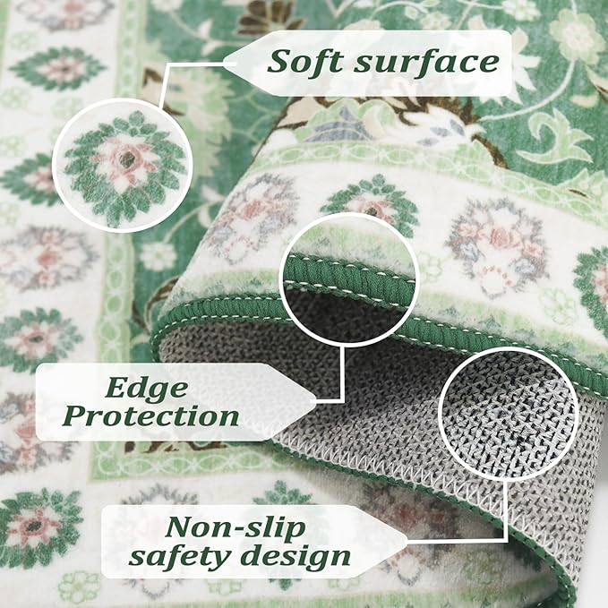 Washable Area Rugs 5'x7' Living Room, Non Slip Floral Vintage Low Pile Large Rugs for Living Room Stain Resistant for TribalBedroom, Farmhouse, Dining Room, Kids Playroom