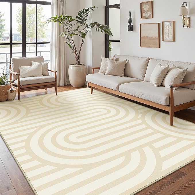 Bavni Area Rugs 8x10, Modern Soft Bedroom Rug, Machine Washable Rug Non Slip, Abstract Low Pile Large Rugs for Living Room, Dining Room, Abstract Brown Beige