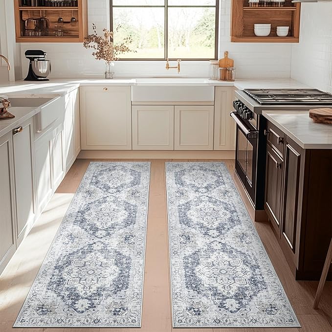 jinchan Runner Rug 3x10-2pcs Vintage Hallway Rug Kitchen Washable Runner Retro Floor Cover Lightweight Non-Slip Thin Distressed Carpet for Entryway Bathroom Laundry Room Bedroom Stairway Grey