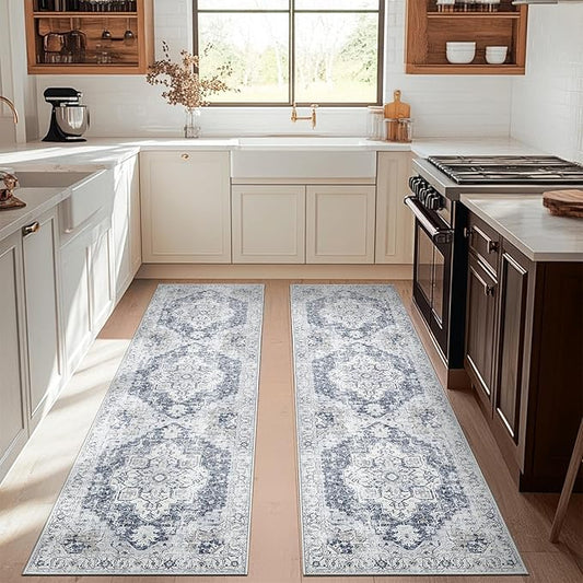 jinchan Runner Rug 3x10-2pcs Vintage Hallway Rug Kitchen Washable Runner Retro Floor Cover Lightweight Non-Slip Thin Distressed Carpet for Entryway Bathroom Laundry Room Bedroom Stairway Grey