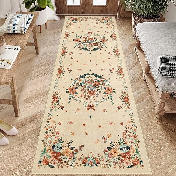 2x6 Runner Rug for Entryway Indoor, Floral Washable Rug Runners for Hallways Non Slip, Boho Kitchen Runner Rugs with Rubber Backing Cream Carpet Runner for Bedroom Entryway Laundry Bedside