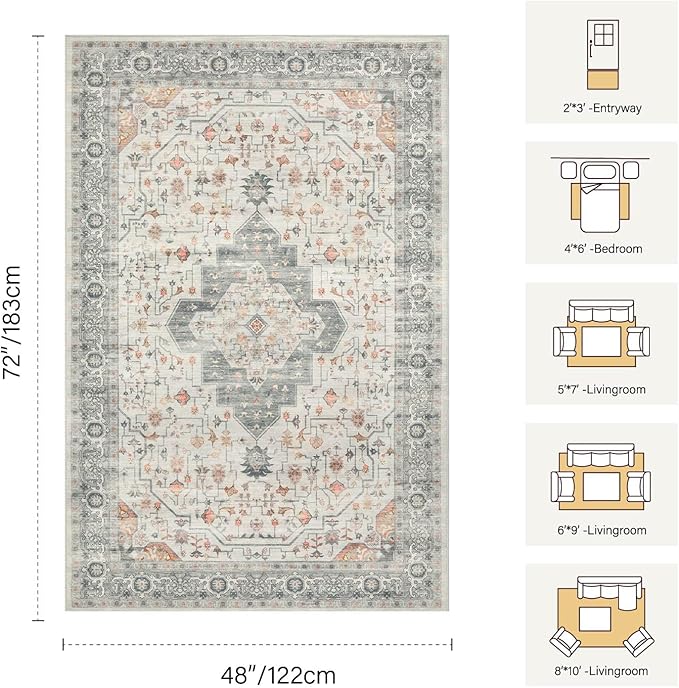 4x6 Washable Area Rug for Living Room, Vintage Neutral Boho Rugs for Office, Dining Room, Kids Room, Farmhouse, Durable Low Pile Non Slip Carpet for High Traffic Areas, Taupe