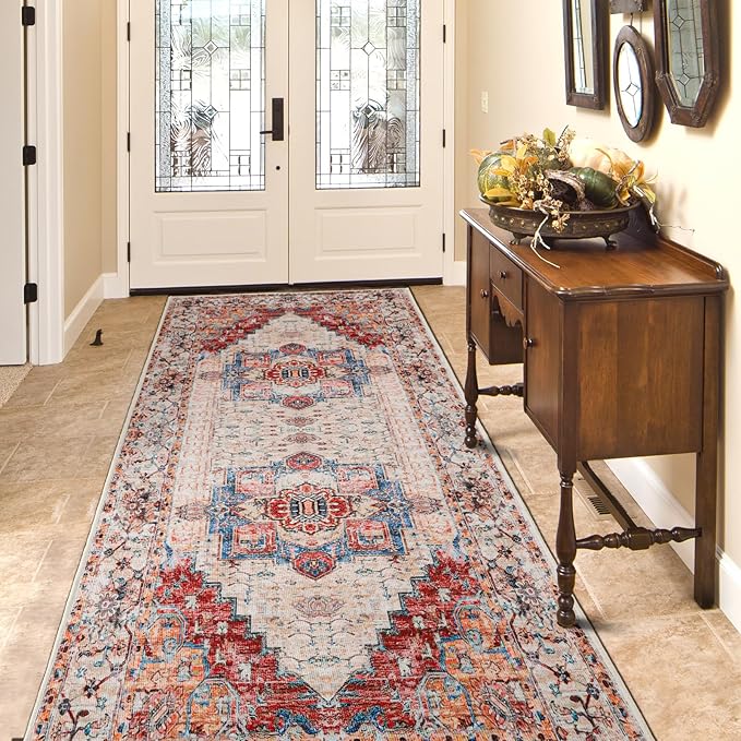 YJ.GWL Area Rug 2x6, Machine Washable Hallway Runner Rug, Boho Floral Vintage Distress Print Pattern Carpet, Low Pile Lightweight Thin Rugs for Entryway, Kitchen and Corridor, Orange