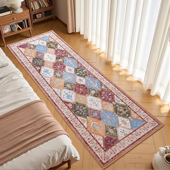 2x6 Washable Kitchen Runner Rug, Brown Boho Non-Slip Bedroom Rugs, Moroccan Floral Trellis Hallway Carpet Soft Low Pile Vintage Indoor Mat for Entryway Bedside Bathroom