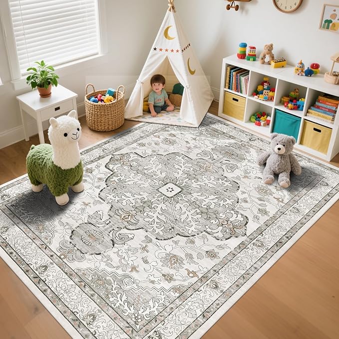 U'Artlines Boho Vintage Area Rug 8x10 Machine Washable Low Pile Soft Floor Carpet Non Slip Non Shedding Accent Rug for Living Room Bedroom Entryway Dining Room Office Grey Taupe