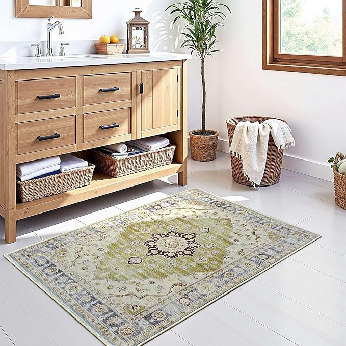 Vintage Entryway 2x3 Rug, Machine Washable Small Medallion Area Rug, Soft Non-Slip Stain Resistance Boho Throw Rugs, Low-Pile Indoor Door Mat for Kitchen Bedroom Hallway Entry, Green