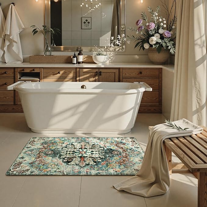 Lahome Bohemian Floral Medallion Rug - 2x4 Washable Kitchen Rug Soft Laundry Room Runner, Vintage Non Skid Indoor Throw Carpet for Entryway Doorway Bathroom Sink, Teal