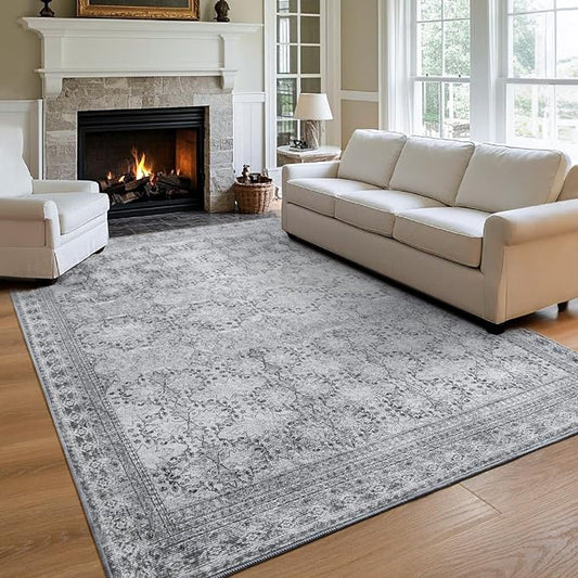 4x6 Area Rug for Bedroom Machine Washable, Non Slip Vintage Floral Kitchen Rugs for Dining Room,Rustic Indoor Floor Carpet for Kids Room, Playroom, Office Classroom Faded Grey