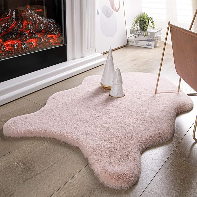 Ashler HOME DECO Ultra Soft Faux Rabbit Fur Chair Couch Cover Area Rug for Bedroom Floor Sofa Living Room Pink 2 x 3 Feet