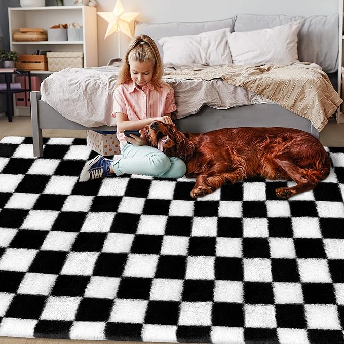 5x8 Ft Large Area Rug for Living Room,Soft Black and White Rug Shag Fluffy Rug for Bedroom Aesthetic Plush Checkered Rugs for Kids Girls Boys Teen Playroom Dorm Classroom Home Decor