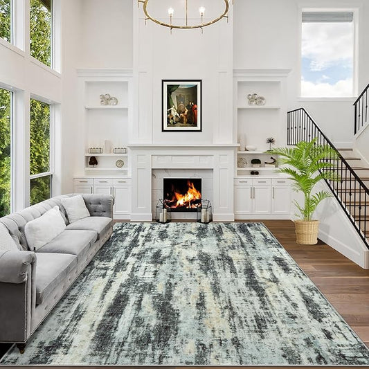 4x6 Area Rugs Washable Rug: Modern Abstract Living Room Rug Soft Anti-Skid Thin Carpet Indoor Floor Non-Shedding Carpets for Bedroom Dining Room Farmhouse Nursery Home Office - Black Blue