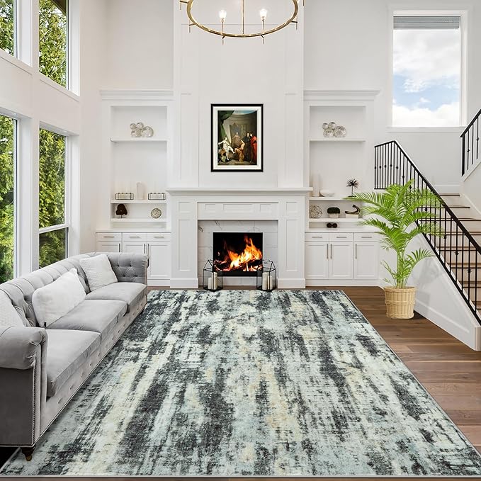 10x14 Area Rugs Washable Rug: Modern Abstract Living Room Rug Soft Anti-Skid Thin Carpet Indoor Floor Non-Shedding Carpets for Bedroom Dining Room Farmhouse Nursery Home Office Black Blue