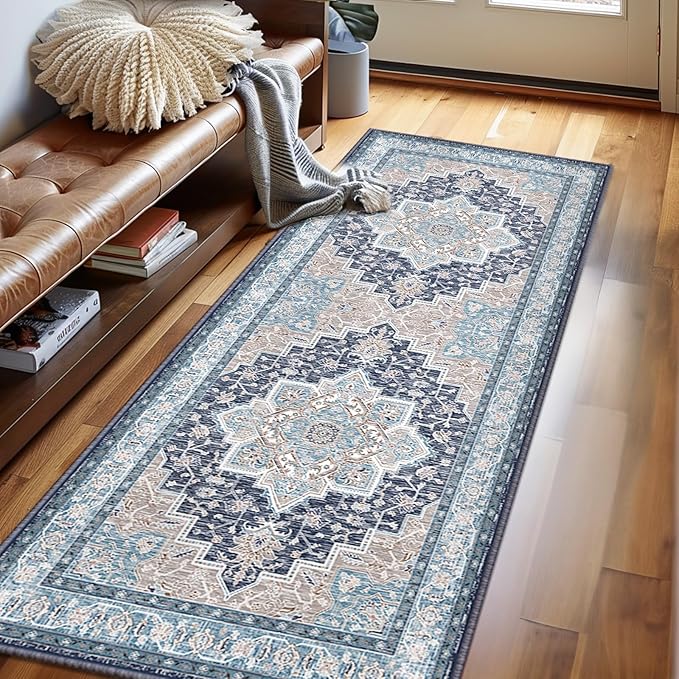 BESTSWEETIE 2x6 Area Rugs for Living Room, Washable Ultra Soft Boho Vintage Print Pattern Rug Non Slip Low Pile Carpet for Dining Room Bedroom Entryway Indoor-Navy/Light Blue/Natural
