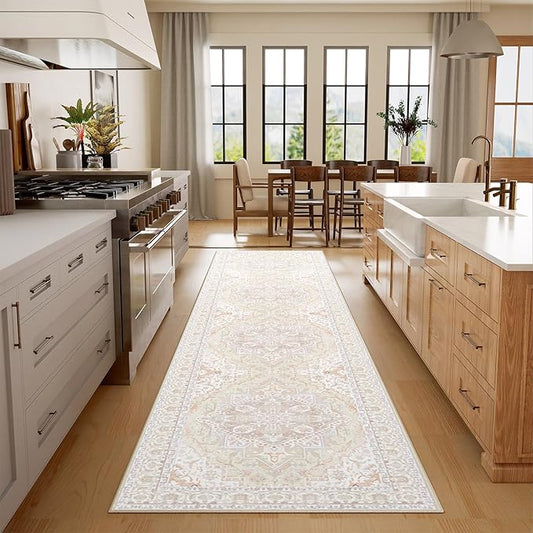 2x10 Area Rug Boho Machine Washable Living Room Rug Non Slip Low Pile Vintage Print Distressed Soft Carpet for Bedroom Diningroom Cream/Pink/Green/Beige/Blue