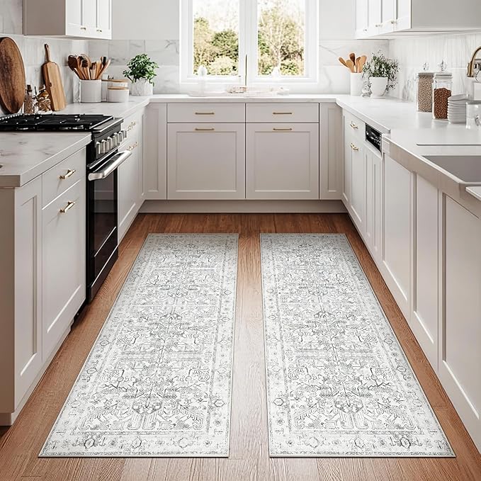 jinchan Kitchen Runner Rug 2x6-2pcs,Vintage Hallway Rug Washable Floral Non-Slip with Rubber Backing Soft Carpet Runner for Bedroom Laundry Room Living Room Grey