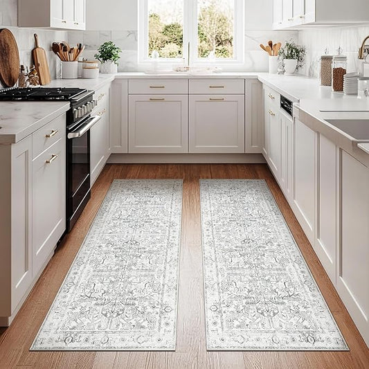 jinchan Kitchen Runner Rug 2x6-2pcs,Vintage Hallway Rug Washable Floral Non-Slip with Rubber Backing Soft Carpet Runner for Bedroom Laundry Room Living Room Grey