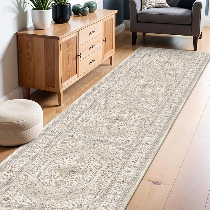 3x12 Runner Rug for Hallway Washable: Non Slip Kitchen Rugs with Rubber Backing Soft Waterproof Mats Stain Resistant Indoor Vintage Carpet Runner for Bedroom Bathroom Laundry Entryway Beige/Gray