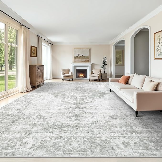10x14 Area Rugs Washable Rug: Large Vintage Living Room Rug with Non-Slip Backing Low Pile Rugs Soft Indoor Floor Thin Carpet Neutral Carpets for Bedroom Dining Room Farmhouse Nursery Gray/Ivory