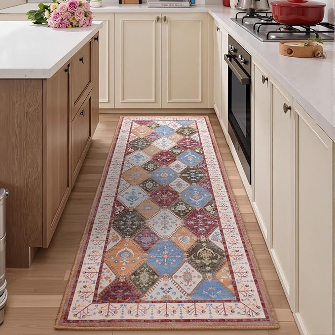2x6 Washable Kitchen Runner Rug, Brown Boho Non-Slip Bedroom Rugs, Moroccan Floral Trellis Hallway Carpet Soft Low Pile Vintage Indoor Mat for Entryway Bedside Bathroom
