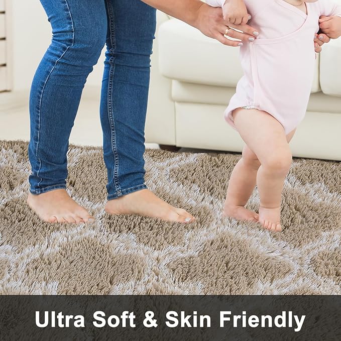 Luxury Area Rug 6x9 Feet Shag Rugs for Living Room, High Pile Fluffy Carpet for Bedroom, Kids Room, Nursery, Home Decor, Geometric, Beige/White