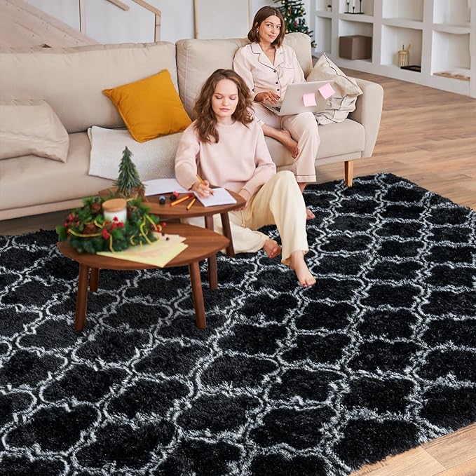 Large Rugs 8x10 Area Rugs for Living Room,Plush Fluffy Carpets for Boy and Girls Room, Modern Soft Shag Rug for Bedroom, Non Slip, Indoor Carpet for Kids Dorms Home Office Decor, Black
