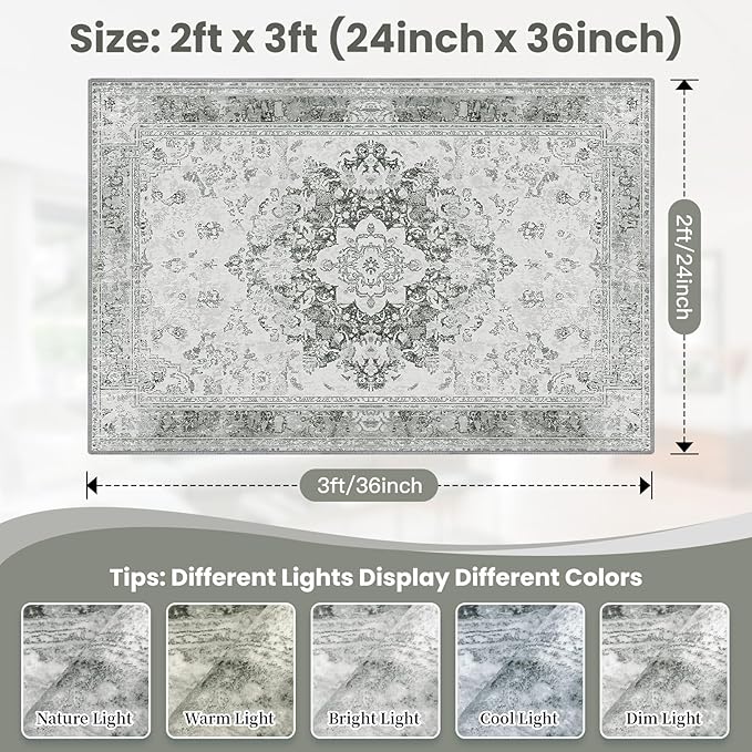2x3 Machine Washable Non-Slip Area Rug & Mat - Soft Faux Wool & Polyester, Boho Stain-Resistant Indoor Throw Carpet for Entryway, Kitchen, Bathroom, Bedroom, Living, Low Pile, High Traffic