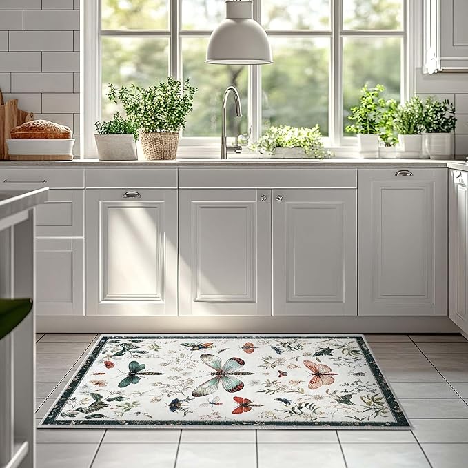 2x3 Entryway Rugs Machine Washable Area Rug Butterfly Nature Botanical Leaf Boho White Rug Non-Slip Low Pile Door Mat Entrance Small Carpet for Home Kitchen Bathroom Bedroom
