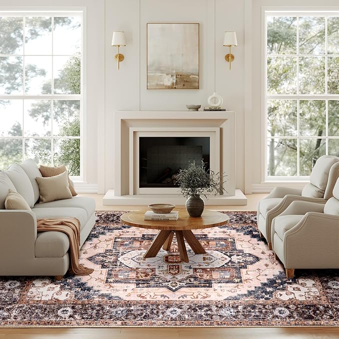 Washable 9x12 Area Rugs, Rugs for Living Room, Low-Pile Water&Stain Resistant Carpet Vintage Distressed Printed Non-Slip Carpet for Bedroom Bathroom Kitchen-Pink/Brown/Navy Blue/Black