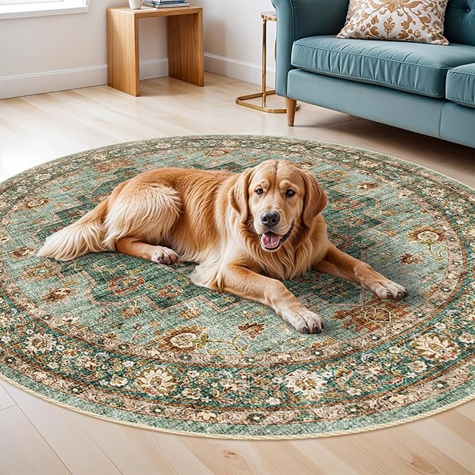 Washable Oriental Area Rug - 9ft Round Rugs for Living Room Soft Carpet for Bedroom Waterproof Floral Distressed Indoor Stain Resistant Non-Shedding Floor Carpets (Green, 9ft-Round)