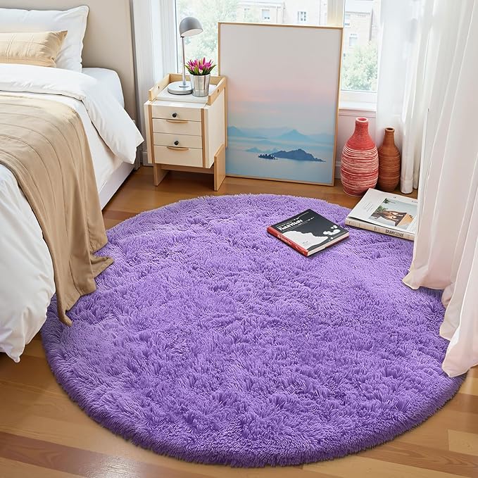 OLANLY Purple Round Rugs for Bedroom - Machine Washable, 6x6 Feet Circle Area Rugs for Living Room, Soft and Fluffy Shaggy Carpet for Teen Girls and Boys, Dorms, Nursery Rooms, Home Decor Aesthetic