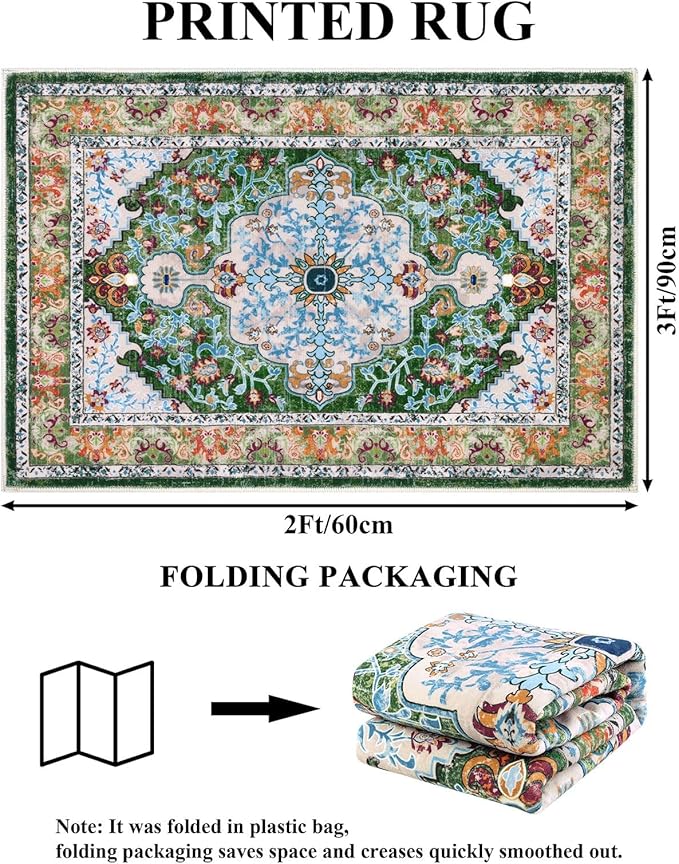 U'Artlines Washable Boho Area Rug, 2x3 Small Soft Non Slip Vintage Doormat for Indoor Front Door Green Mat Carpet for Entryway Kitchen Bathroom Bedroom