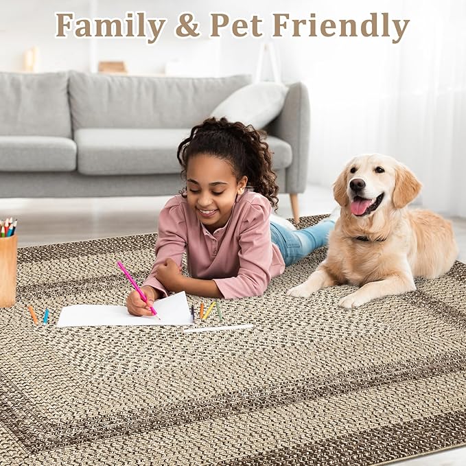 Imitation Braided Collection-Print Farmhouse Living Room Area Rug 8x10 Non-Slip Washable Rugs, Modern Large Carpet, Stain Resistant Ultra-Thin Foldable Floor Cover for Nursery Dining Room