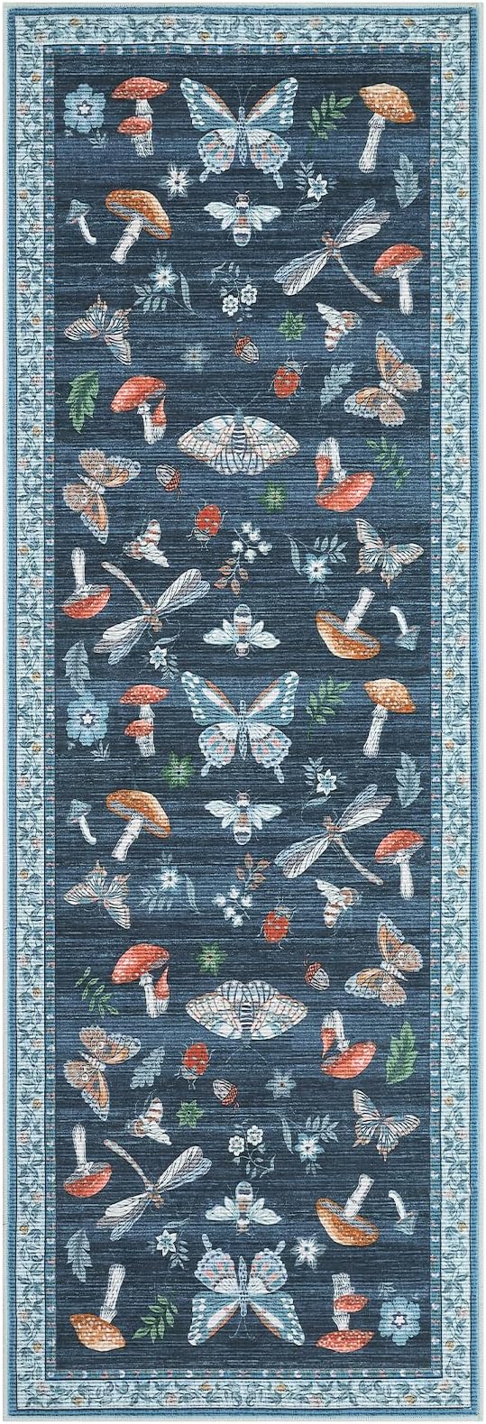 2.5x10 Runner Rug for Hallway Washable Kitchen Rugs Non Slip with Rubber Back Mushroom Soft Low-Pile Stain Resistant Foldable Indoor Carpet for Entryway Laundry Room Floor Mats Blue