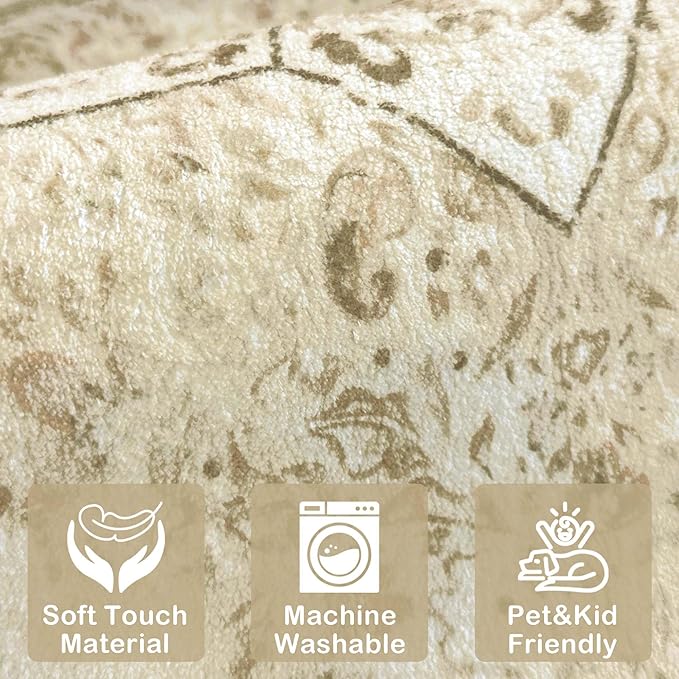 Washable Area Rug 4x6 Boho Rug for Living Room Bedroom Non Slip Soft Vintage Rug Oriental Distressed Floor Carpet Indoor Rugs for Kitchen Dining Room Entryway Office Dorm Nursery, Beige