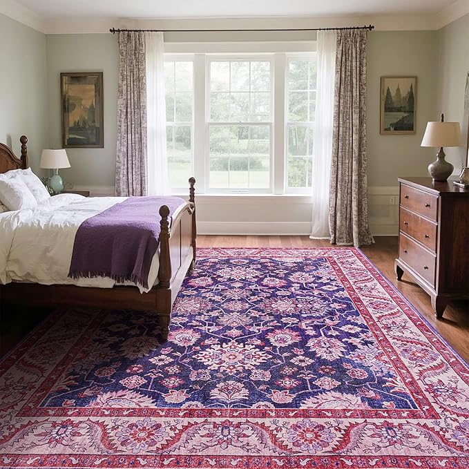 Area Rugs for Living Room, 6x9 Washable Area Rug for Bedroom, Retro Floral Non-Slip Carpet for Nursery Home Office Dining Room Kitchen, Blue and Purple