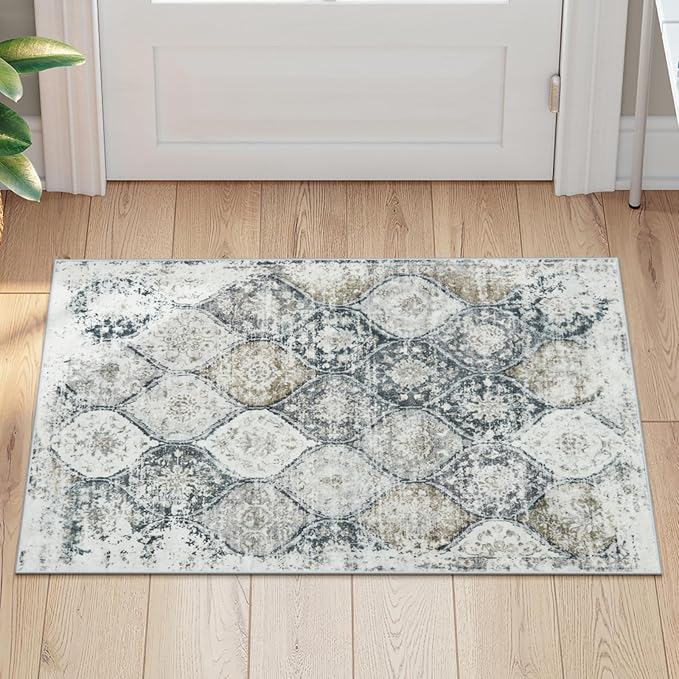 LIVEBOX Washable Rug 2x3 Kitchen Mats for Floor Entryway, Non Slip Front Door Mat for Bathroom Hallway,Boho Low-Pile Small Carpet Moroccan Throw Indoor Rugs for Bath Sink, Black
