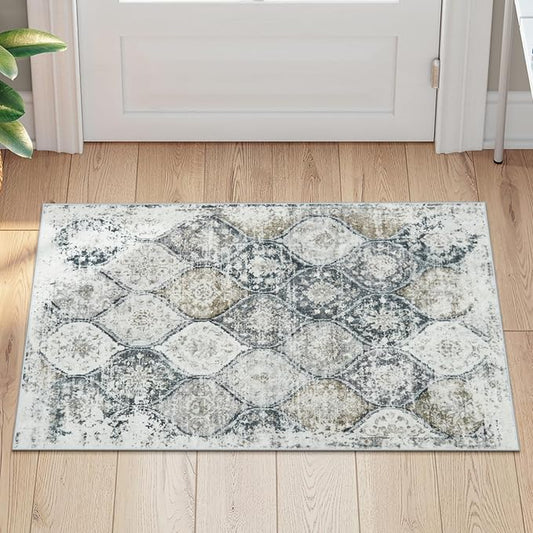 LIVEBOX Washable Rug 2x3 Kitchen Mats for Floor Entryway, Non Slip Front Door Mat for Bathroom Hallway,Boho Low-Pile Small Carpet Moroccan Throw Indoor Rugs for Bath Sink, Black