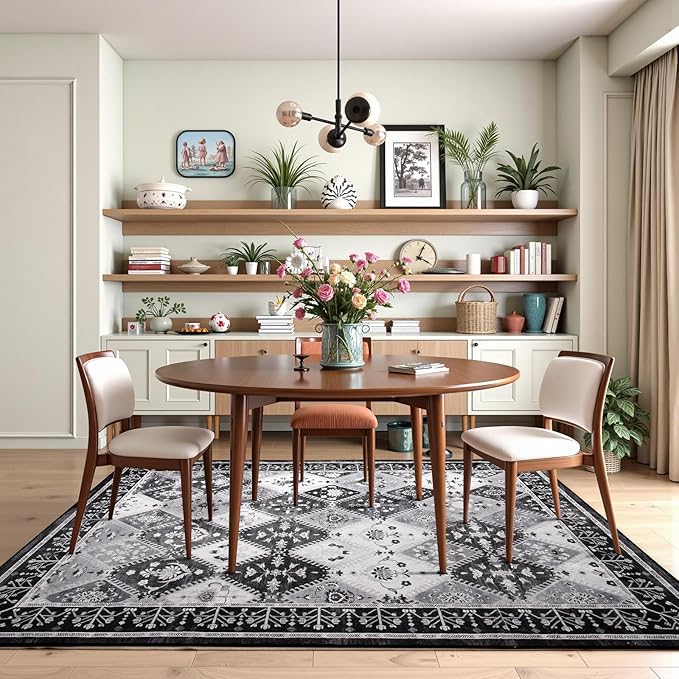 4x6 Washable Area Rug for Bedroom, Black/Grey Boho Non-Slip Living Room Rugs, Moroccan Floral Trellis Carpet Soft Low Pile Accent Indoor Mat for Bedside Kitchen Laundry Room