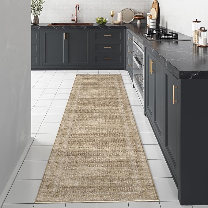 Brown 2x8 Area Rug Runners for Hallways Washable Vintage Distressed Carpet Low Pile Non Slip Indoor Retro Soft Long Accent Rug Bedroom Kitchen Bathroom Laundry Dining Living Room