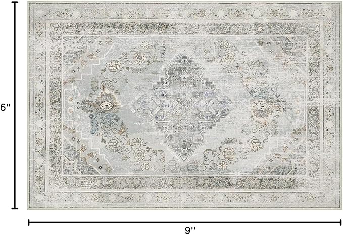 Phantoscope Vintage Collection Area Rug 6'x9' - Large Living Room Rug - Washable Rug Boho Rugs Non-Slip for Bedroom Dining Room, Low-Pile Floor Carpet Distressed Accent R UG, Grey/Dull Teal