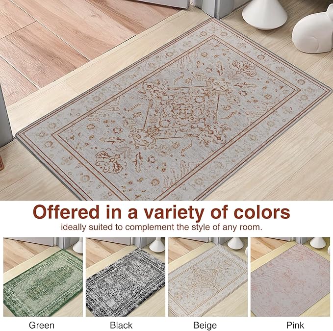 2x3 Small Washable Non-Slip Vintage Chenille Area Rug,Low Pile Distressed Floral Carpet for Entryway Kitchen, Boho Farmhouse Stain Resistant Indoor Rug
