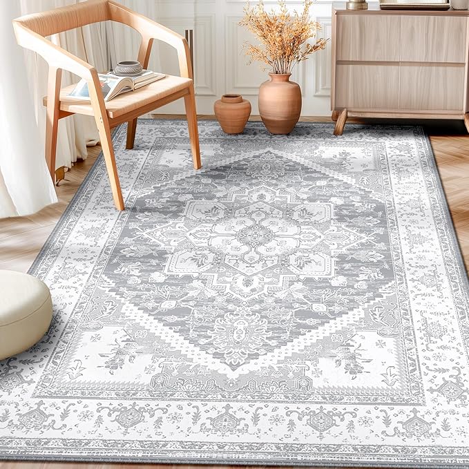 BESTSWEETIE 5x7 Area Rugs for Living Room Washable Non Slip Carpet Low Pile Soft Vintage Print Pattern Rug for Bedroom Dining Room Kitchen Entryway Indoor-Light Grey