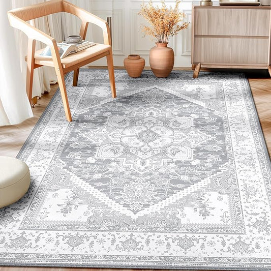 BESTSWEETIE 6x9 Area Rugs for Living Room Washable Non Slip Carpet Low Pile Soft Vintage Print Pattern Rug for Bedroom Dining Room Kitchen Entryway Indoor-Light Grey