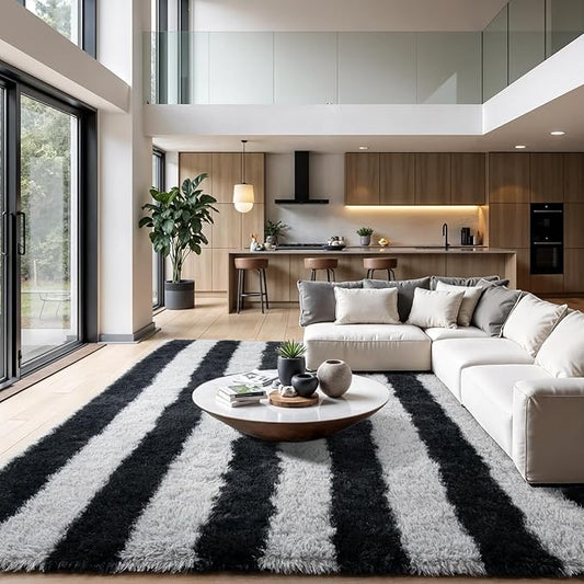 Zentavio Area Rugs for Living Room Large Rugs for Bedroom 6x9 Carpet Fluffy Fuzzy Soft Shag Aesthetic Plush High Pile Gray Throw Rug for Nursery Kids Room Dorm Horizontal Stripes Black Grey