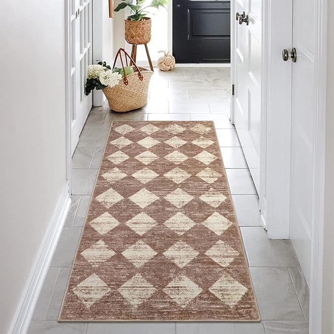 Lahome Machine Washable Long Bathroom Rugs Runner, 2x5 Non Slip Entryway Rugs Indoor Kitchen Runner Rug, Moroccan Trellis Non Skid Laundry Room Carpet Runner for Bedside Entrance Living Room, Beige