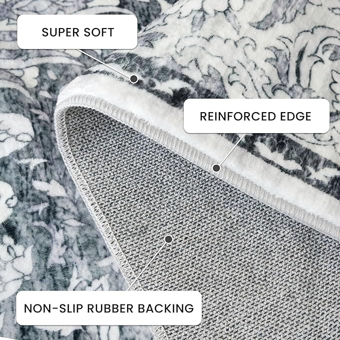 Small 2x3 Throw Rug - Vintage Moroccan Floral, Machine Washable, Low Pile Non Slip Entryway Rug for Kitchen, Bedroom, Laundry Room, Grey