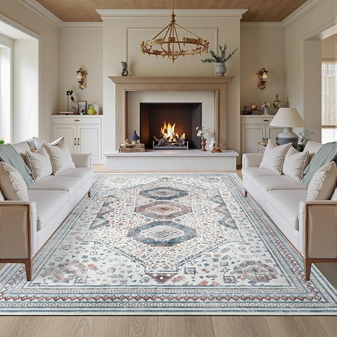 Maxsoft 6x9 Area Rug,Vintage Machine Washable Rugs for Living Room, Soft Non-Slip Low Pile Rug, Stain Resistant Rugs for Kitchen, Bedroom, Dining Room,Laundry Room,Nursery (Beige White)