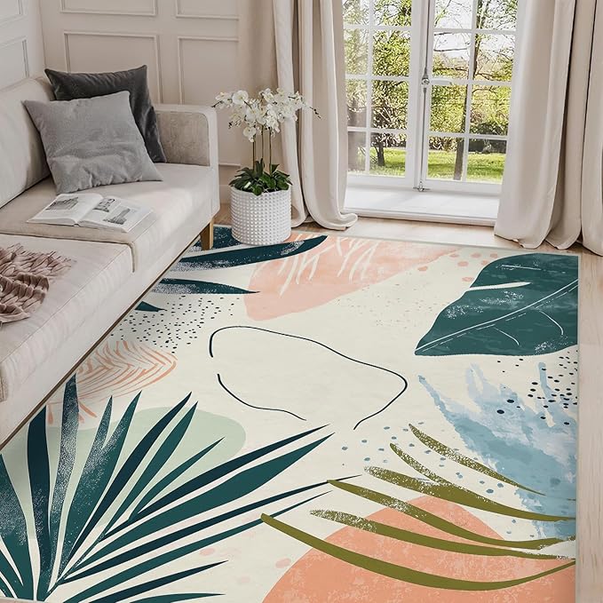 4x6 Area Rugs for Living Room Machine Washable Boho Botanical Rug Non Slip Printed Abstract Plant Rug Carpet Friendly Modern Rug for Bathroom Bedroom Dining Room Office