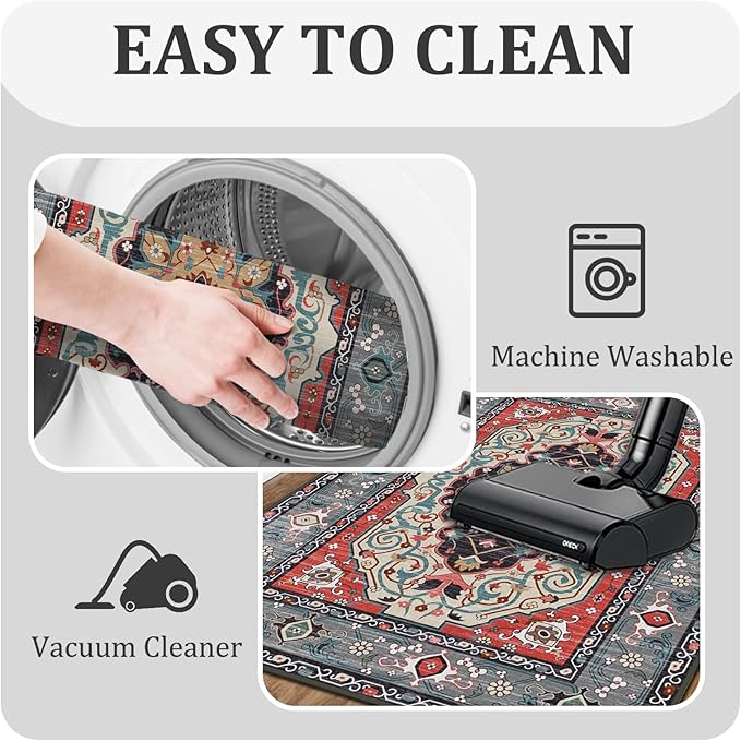 Washable Area Rugs 5'x7' Living Room, Non Slip Boho Vintage Low Pile Large Rugs for Living Room Stain Resistant for TribalBedroom, Farmhouse, Dining Room, Kids Playroom